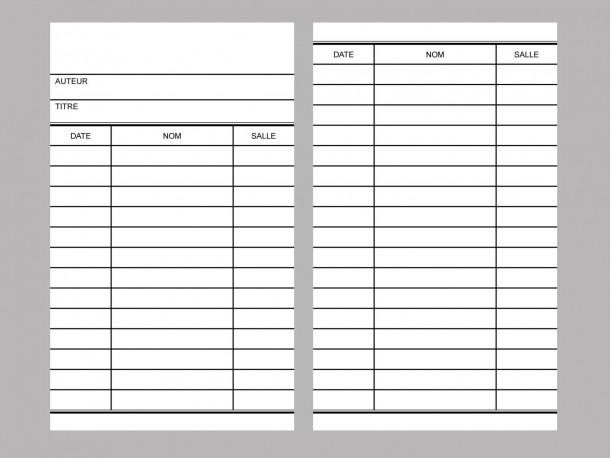 Fiches de livre - Auteur/Titre/Date/Nom/Salle - 3 colonnes - Avec entête